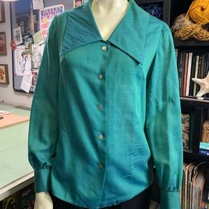 One of a Kind Vintage Handmade Teal Collared V Neck Blouse